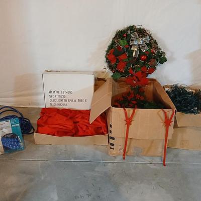 Boxes of Christmas greenery, garland, wreaths - Box of Christmas lights and vintage C9 lights