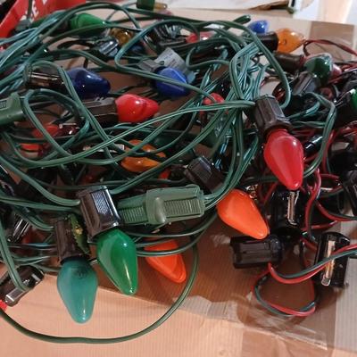 Boxes of Christmas greenery, garland, wreaths - Box of Christmas lights and vintage C9 lights