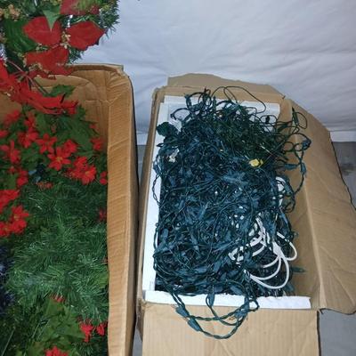Boxes of Christmas greenery, garland, wreaths - Box of Christmas lights and vintage C9 lights