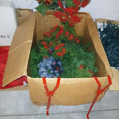 Boxes of Christmas greenery, garland, wreaths - Box of Christmas lights and vintage C9 lights