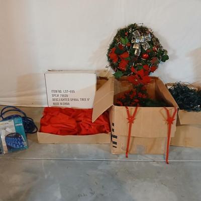 Boxes of Christmas greenery, garland, wreaths - Box of Christmas lights and vintage C9 lights