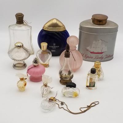Lot of 14 Vintage Perfume Bottles Parfume Body Talcum Powder Old Spice Tin Glass Metal Locket Pendant Necklace Mushroom Boucheron Birds...