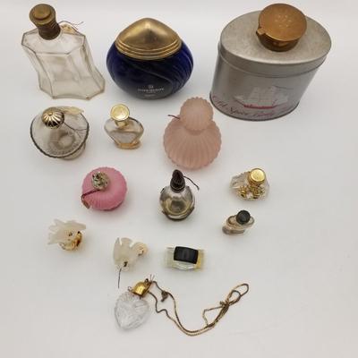 Lot of 14 Vintage Perfume Bottles Parfume Body Talcum Powder Old Spice Tin Glass Metal Locket Pendant Necklace Mushroom Boucheron Birds...