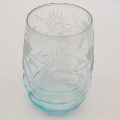 Lot of 8 Vintage Glasses, No Cracks or Chips: Set of 3 Blue Etched Cut Glass Tumblers Leaf Chrysanthemum Diamond Optic, Set of 5 Roly...