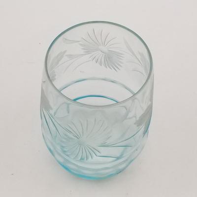 Lot of 8 Vintage Glasses, No Cracks or Chips: Set of 3 Blue Etched Cut Glass Tumblers Leaf Chrysanthemum Diamond Optic, Set of 5 Roly...