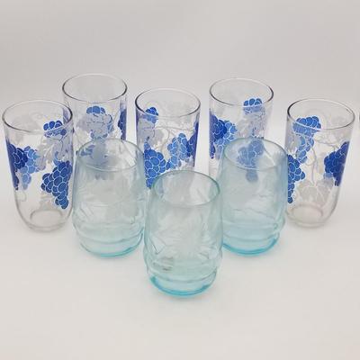 Lot of 8 Vintage Glasses, No Cracks or Chips: Set of 3 Blue Etched Cut Glass Tumblers Leaf Chrysanthemum Diamond Optic, Set of 5 Roly...