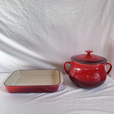 Four Qt. Bean Pot and Rectangular Dish by Le Creuset (K-DZ)