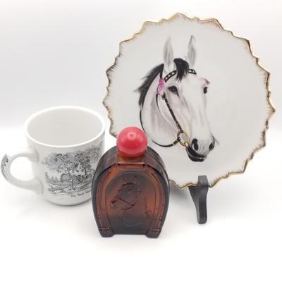 Lot of 3 Vintage Horse Collection: Gold Rim Porcelain Horse Profile Head Wall Plate Avon "Triple Crown" After Shave Bottle...