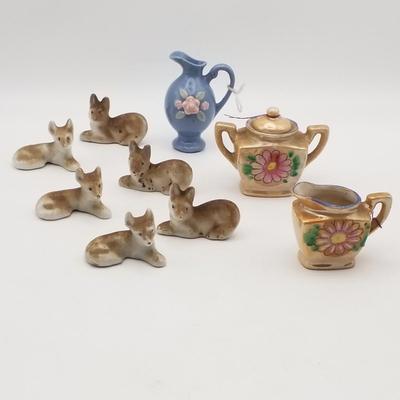 Lot of Made In Japan / Occupied Japan Miniatures Rose Pitcher Set of 6 Porcelain Dogs / Foxes, 3 Piece Peach Lusterware Bone China...