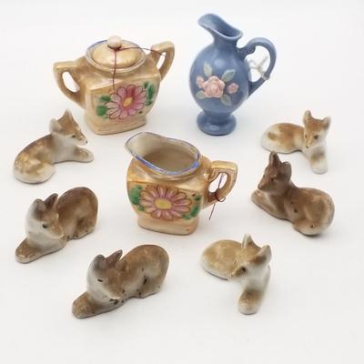 Lot of Made In Japan / Occupied Japan Miniatures Rose Pitcher Set of 6 Porcelain Dogs / Foxes, 3 Piece Peach Lusterware Bone China...