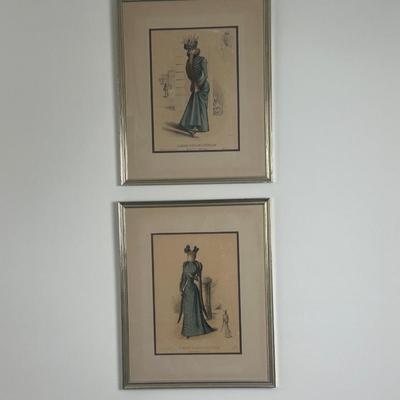 Pair of Framed Victorian Dress Illustrations from 1890s