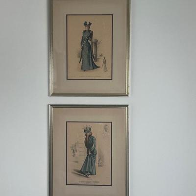 Pair of Framed Victorian Dress Illustrations from 1890s