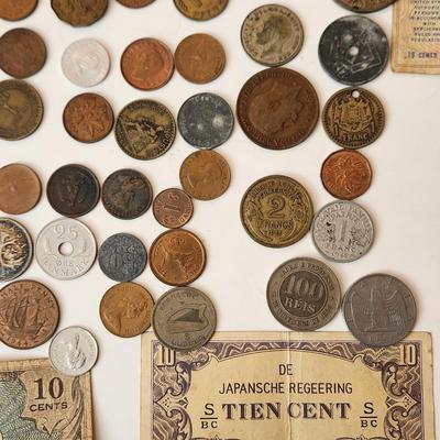 Lot of Foreign Coins & Currency WWII some late 1800's & early 1900's