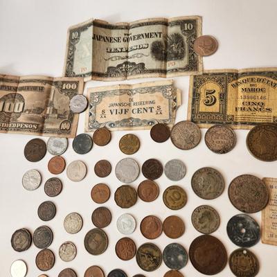 Lot of Foreign Coins & Currency WWII some late 1800's & early 1900's