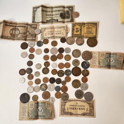 Lot of Foreign Coins & Currency WWII some late 1800's & early 1900's
