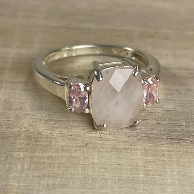 Pink Quartz and CZ Sterling silver Ring 8