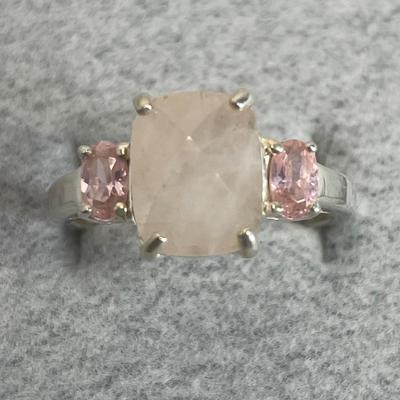 Pink Quartz and CZ Sterling silver Ring 8