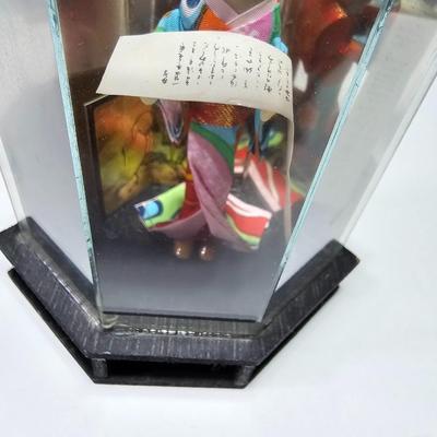 Vintage Japanese Porcelain Geisha Doll in Glass Display Case with wise man buddha and small Maneki Neko Fortune Cat