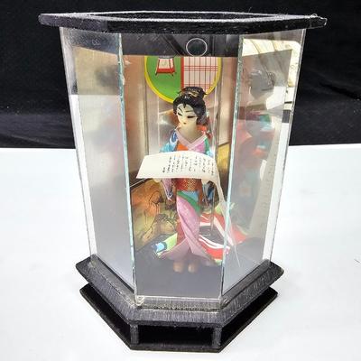 Vintage Japanese Porcelain Geisha Doll in Glass Display Case with wise man buddha and small Maneki Neko Fortune Cat