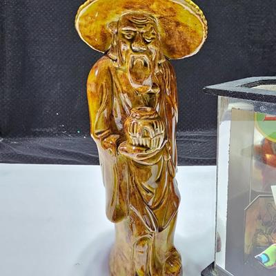 Vintage Japanese Porcelain Geisha Doll in Glass Display Case with wise man buddha and small Maneki Neko Fortune Cat
