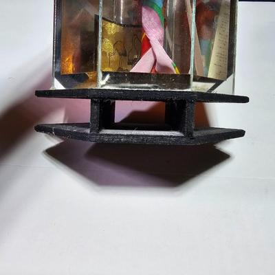 Vintage Japanese Porcelain Geisha Doll in Glass Display Case with wise man buddha and small Maneki Neko Fortune Cat