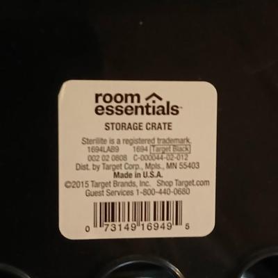 Two 32 gallon storage totes with lids and three milk like crates