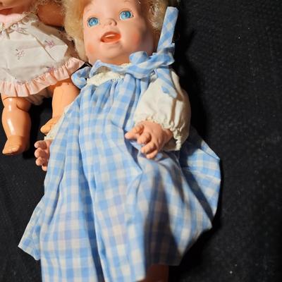 Vintage baby dolls - Super sized Barbie - and two baby dolls with raggedy Ann bag