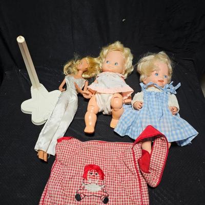 Vintage baby dolls - Super sized Barbie - and two baby dolls with raggedy Ann bag