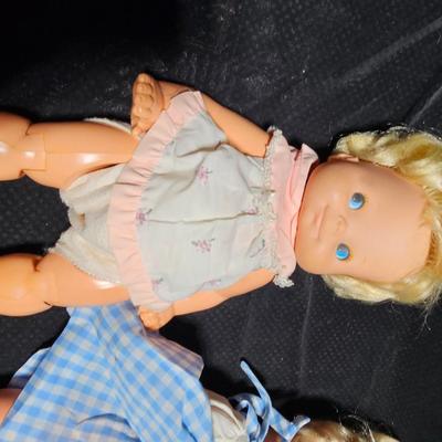 Vintage baby dolls - Super sized Barbie - and two baby dolls with raggedy Ann bag