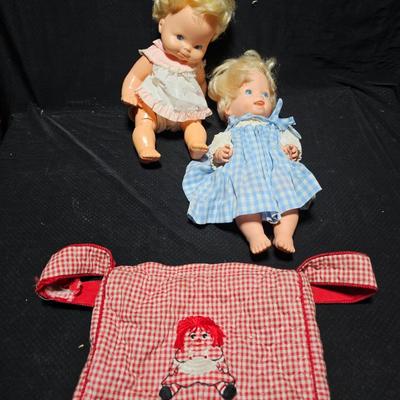 Vintage baby dolls - Super sized Barbie - and two baby dolls with raggedy Ann bag