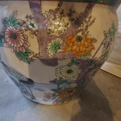Asian Porcelain Fish Bowl Planter 10” Tall, 12.5