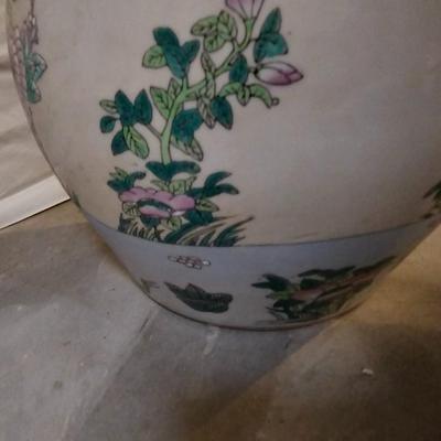 Asian Porcelain Fish Bowl Planter 10” Tall, 12.5