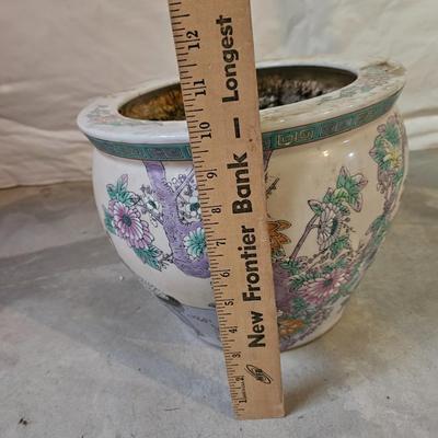 Asian Porcelain Fish Bowl Planter 10” Tall, 12.5