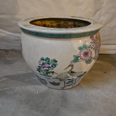 Asian Porcelain Fish Bowl Planter 10” Tall, 12.5