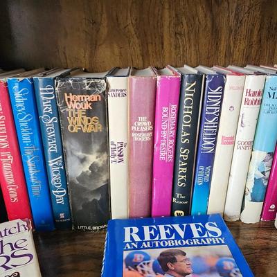 Shelves of books - vintage hardcovers - shelf of paperbacks - Autographed Reeves Broncos book!