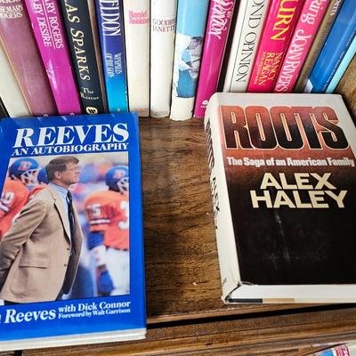 Shelves of books - vintage hardcovers - shelf of paperbacks - Autographed Reeves Broncos book!