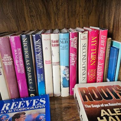 Shelves of books - vintage hardcovers - shelf of paperbacks - Autographed Reeves Broncos book!