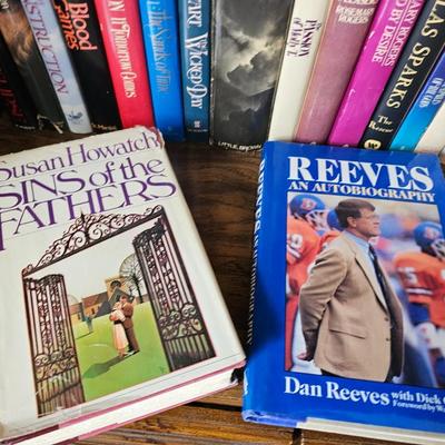 Shelves of books - vintage hardcovers - shelf of paperbacks - Autographed Reeves Broncos book!