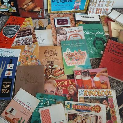 Some way cool vintage cookbooks and pamphlet like cook & drink mixing books