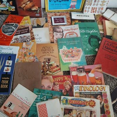 Some way cool vintage cookbooks and pamphlet like cook & drink mixing books