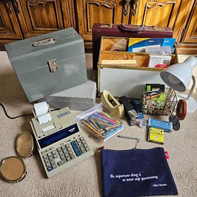 Large assortment of office supplies with metal storage, adding machine, lamp and more