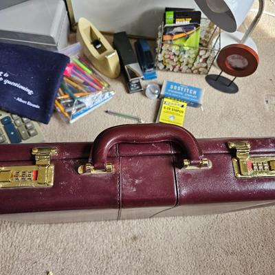 Large assortment of office supplies with metal storage, adding machine, lamp and more