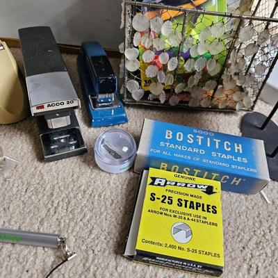 Large assortment of office supplies with metal storage, adding machine, lamp and more