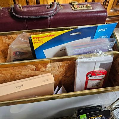 Large assortment of office supplies with metal storage, adding machine, lamp and more