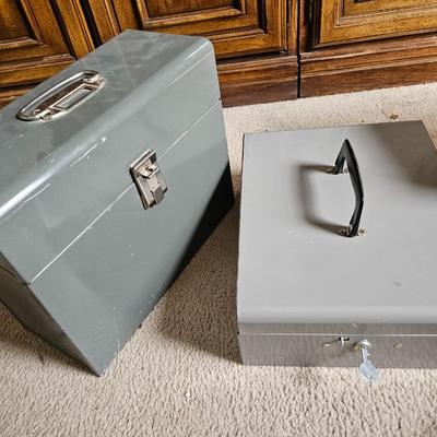 Large assortment of office supplies with metal storage, adding machine, lamp and more