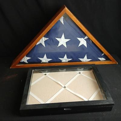 USA Flag in Memorial triangle display box with a black framed diplay box