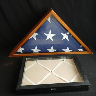 USA Flag in Memorial triangle display box with a black framed diplay box