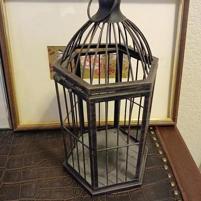 Two framed bird pictures - Sharon Craft watercolor original " Summer's Past" and a candle cage