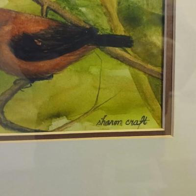 Two framed bird pictures - Sharon Craft watercolor original " Summer's Past" and a candle cage