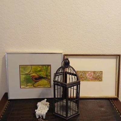 Two framed bird pictures - Sharon Craft watercolor original " Summer's Past" and a candle cage